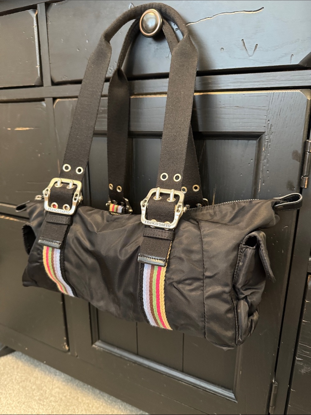 Franco Sarto Black Shoulder Bag with Multicolor Stripe Accents